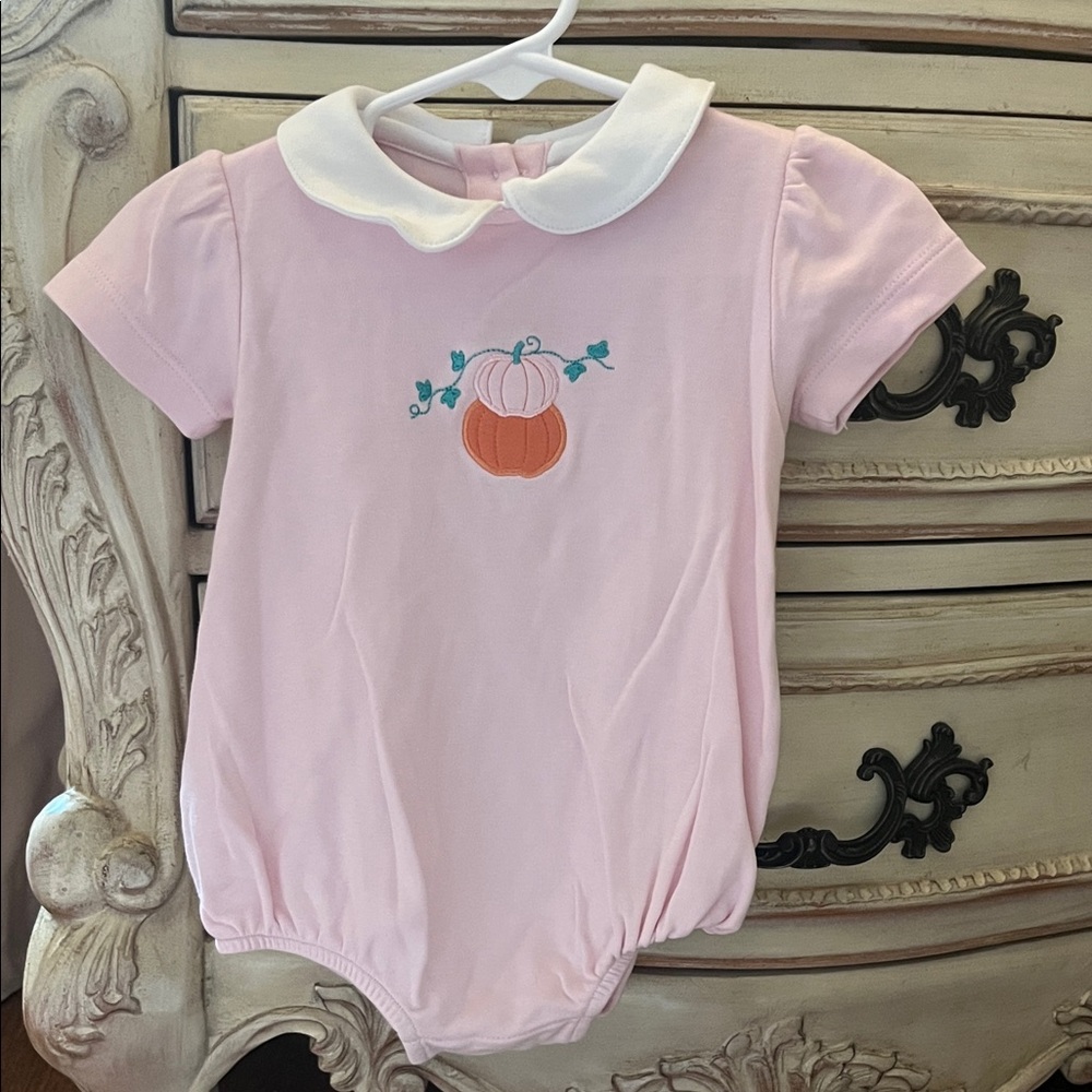 Little English Pink Romper with Pumpkin Design